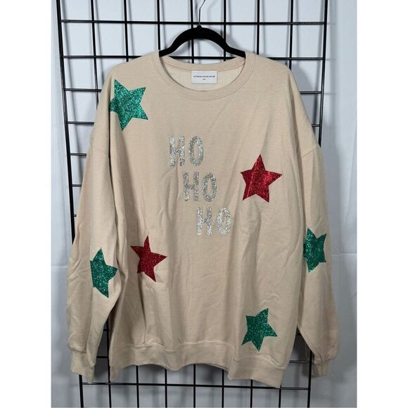 Christmas Ho Ho Ho‎ Glitzy Sweatshirt Womens 2XL Sand Rhinestone Star Patches - Picture 1 of 9